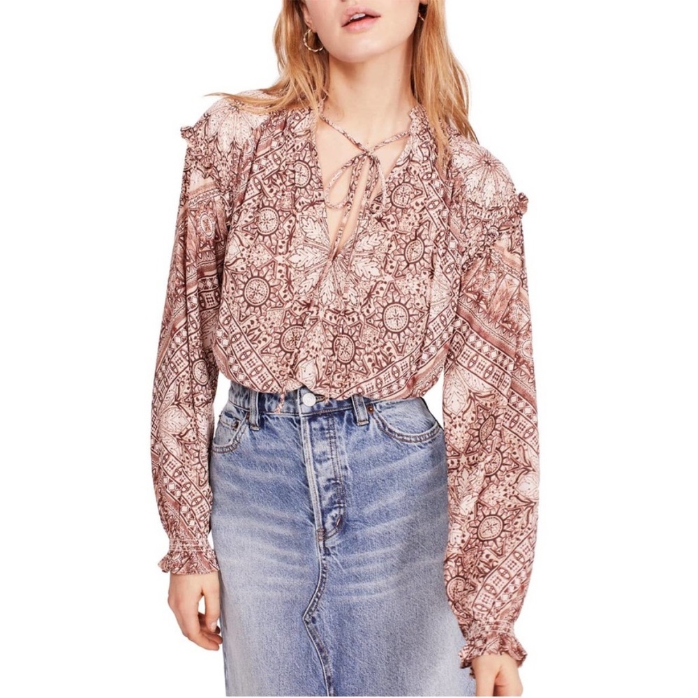 Free People Little Runaway Peasant Blouse Sand Combo Boho Neutral Brown Small